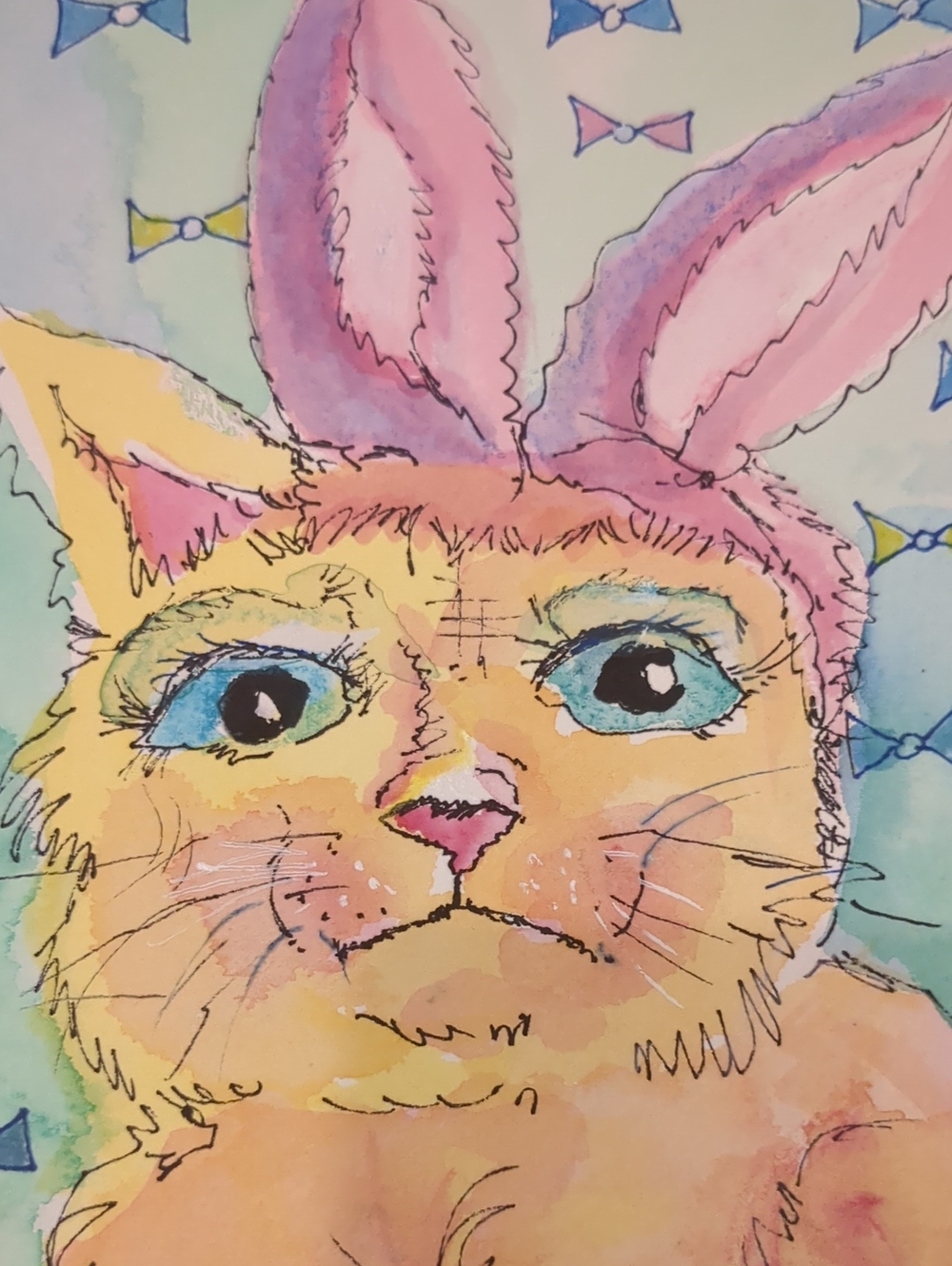 Bunny Cat With Kitten Hand signed original watercolor Painting